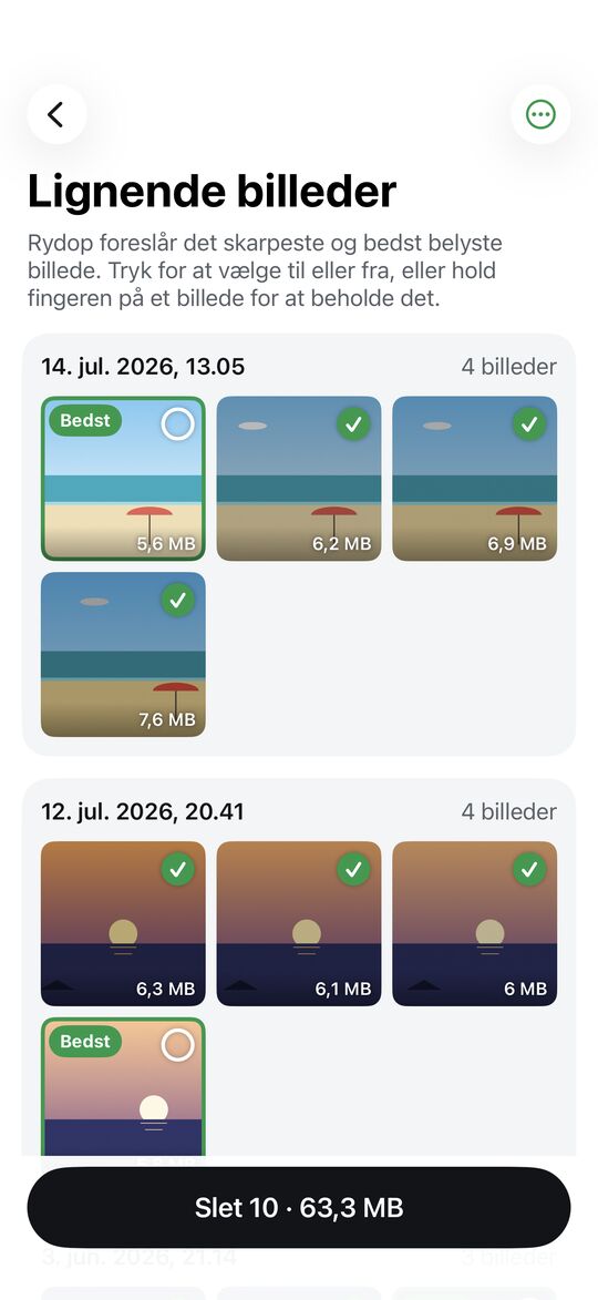 Det bedste billede er markeret, resten er valgt